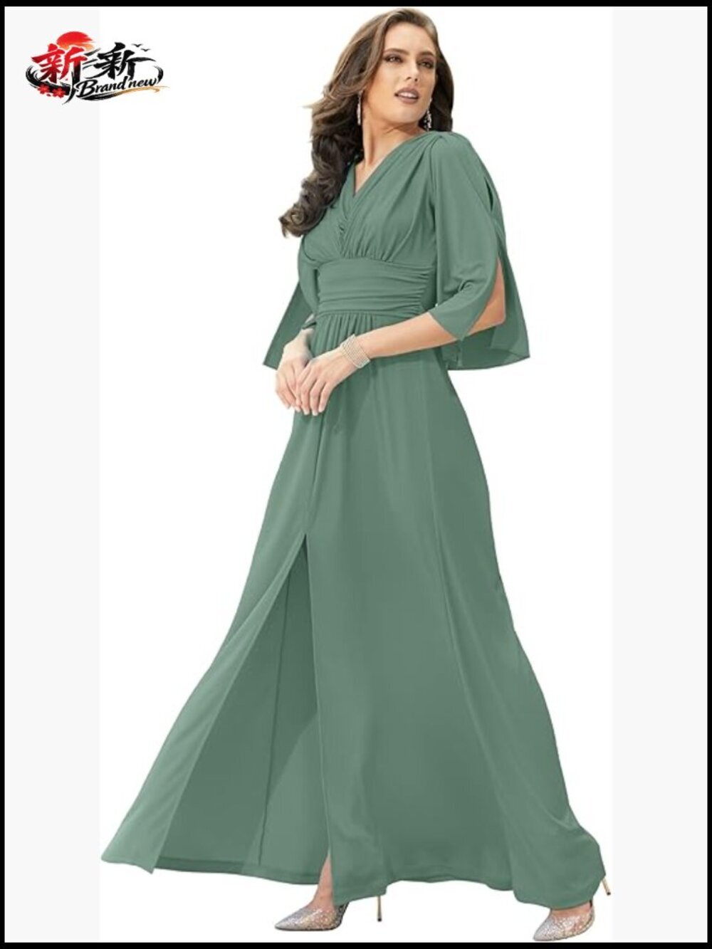 Polyester Spandex Formal Maxi Dress with V-Neck and Ruffle